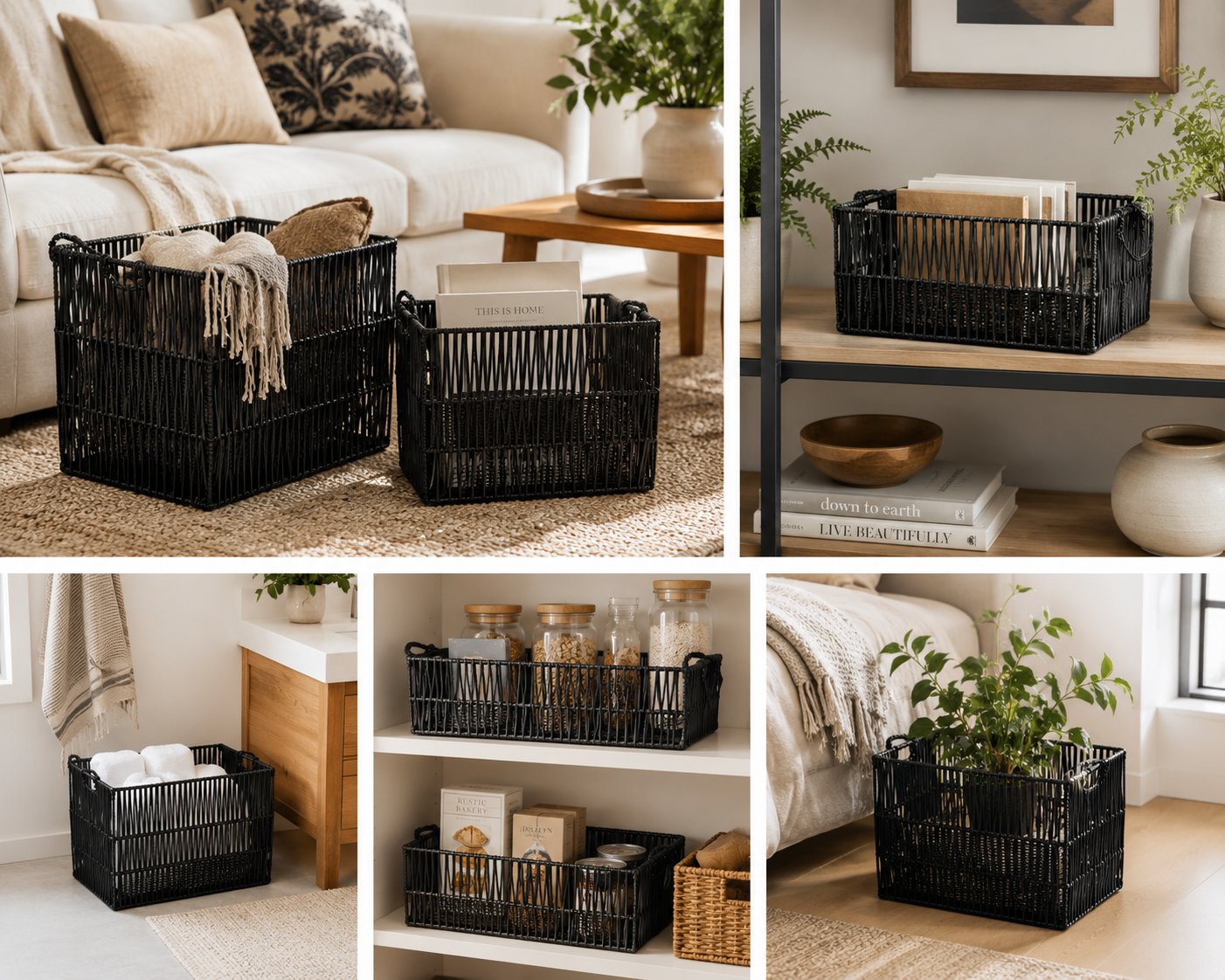 Black weave baskets on a desk