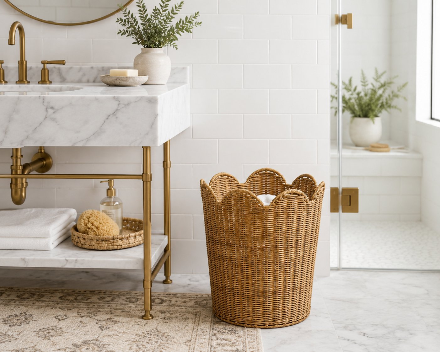 Scallop woven basket in a bright bathroom